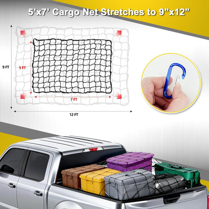 Cargo Net 4' x6' Stretches to 8' x 12' Truck Cargo Net for Pickup Truck Bed- Small 4"x4" Mesh Grid Super Duty Bungee Heavy Duty Bed Netting with 12 Adjustable Metal Carabiners by Cenipar