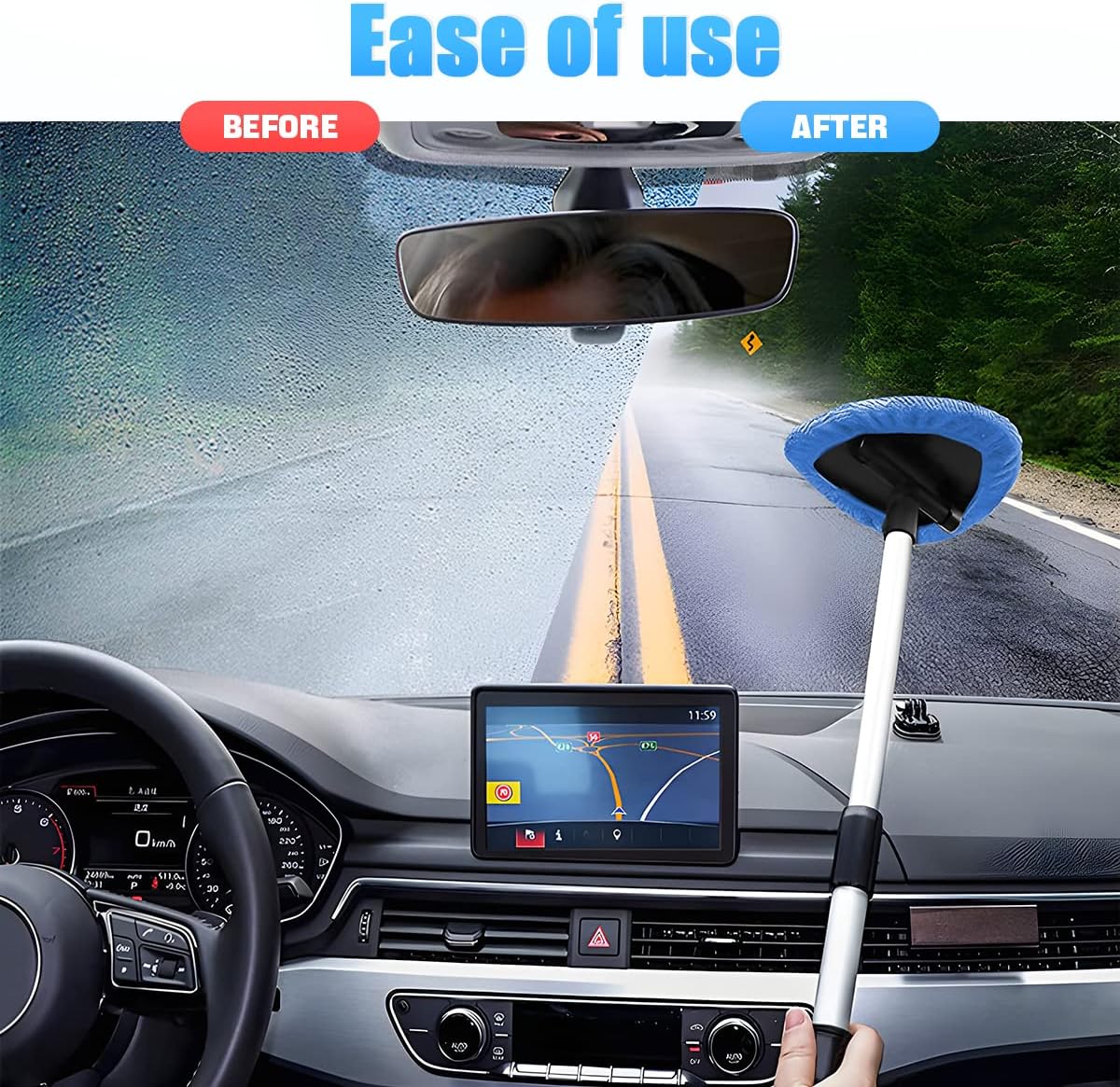 Windshield Cleaning Tool, Car Window Cleaner with Extendable Long Handle and 4 Washable Reusable Microfiber Pads, Auto Interior Exterior Glass Wiper Cleaning Kit Universal for Office and Home (Blue)