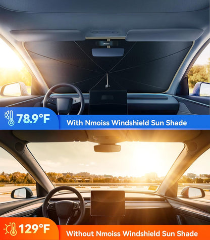 Nmoiss True Dual Layer Air Cooled Windshield Sun Shade Umbrella - [Drive to Superior Coolness & Comfort] Block 99% UV Sun Rays & Heat Damage Keep Cool and Protect Interior Medium
