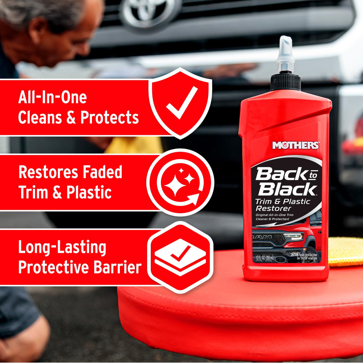 Mothers Back-to-Black Trim & Plastic Restorer, 12 oz. — Removes Oxidation, Dirt & Wax Residue – Restores Faded Trim & Provides Long-Lasting Protection (06112)