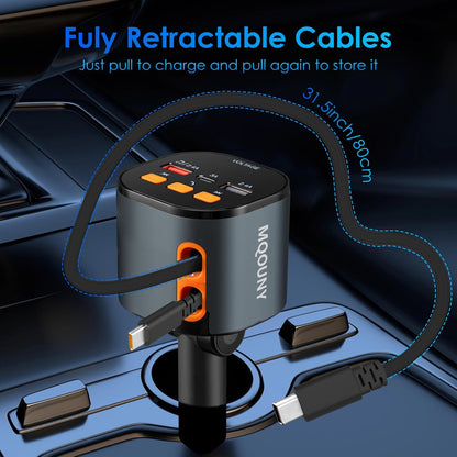 Retractable Car Charger,5 in 1 Fast Cars Phone Charger 90W,Bluetooth 5.3 FM Transmitter Adapter,Handsfree Call,2 Retractable Cables and USB Chargers for iPhone17/16 15/14/13