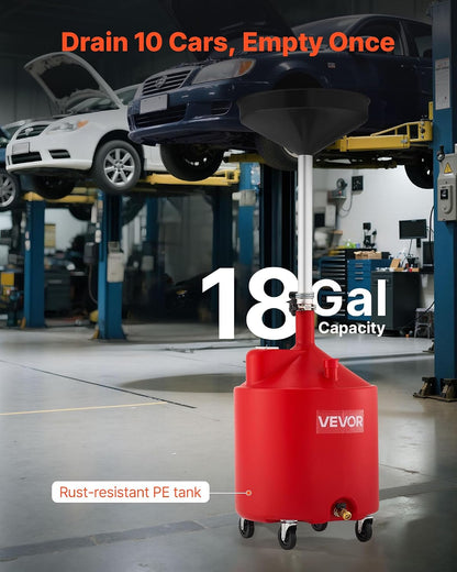 VEVOR Oil Drain Container, 20 Gallon Waste Oil Drain Tank, Portable Oil Lift Drain Pan Air Operated Drainer, Fluid Fuel Drainage Adjustable Funnel Height with Pressure Regulating Valve & Wheel