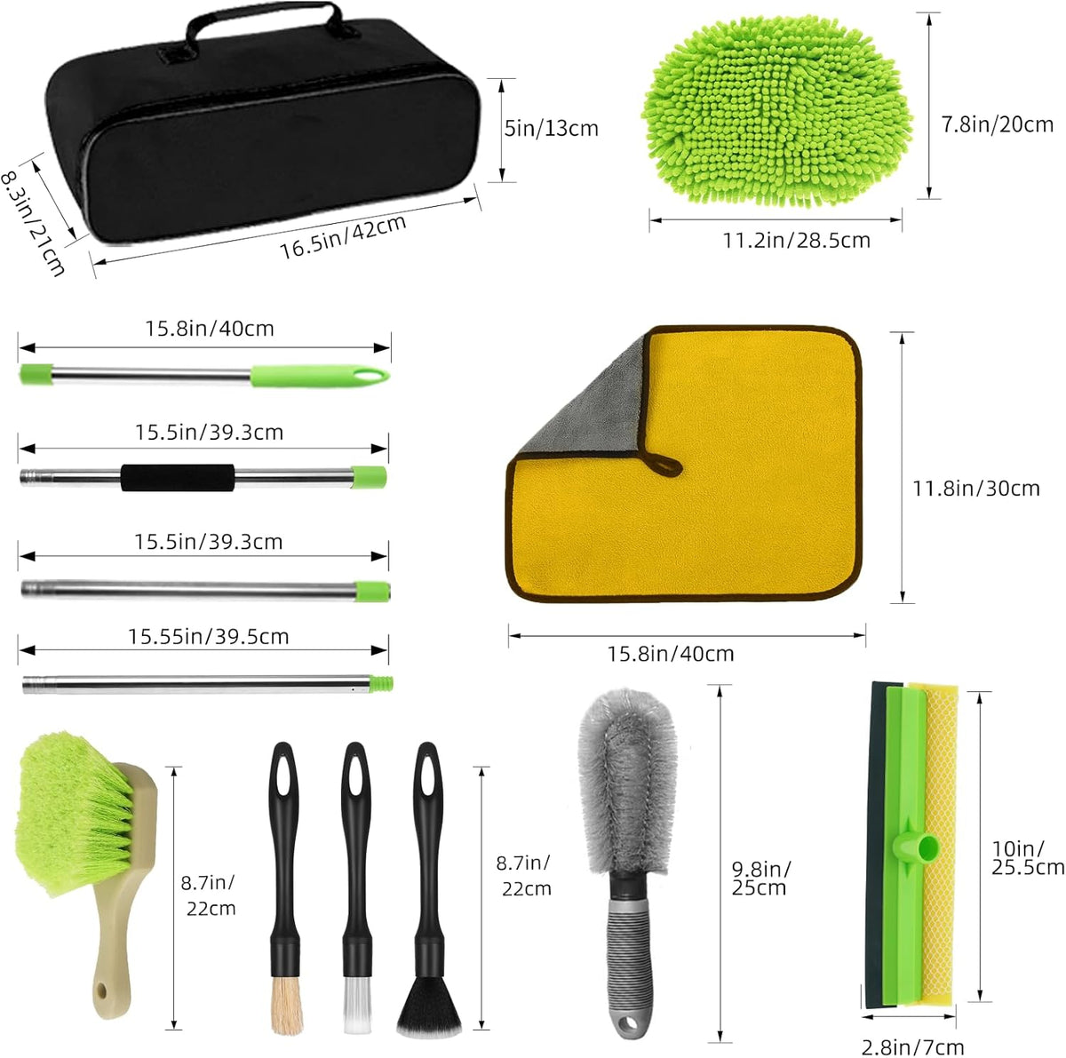 62" Car Wash Brush with Long Handle Chenille Microfiber Car Wash Mop Mitt, Wheel Brush, Windshield Window Squeegee, Car Duster Microfiber Towel, Gloves, for Cleaning Cars, RV, Truck, Boat