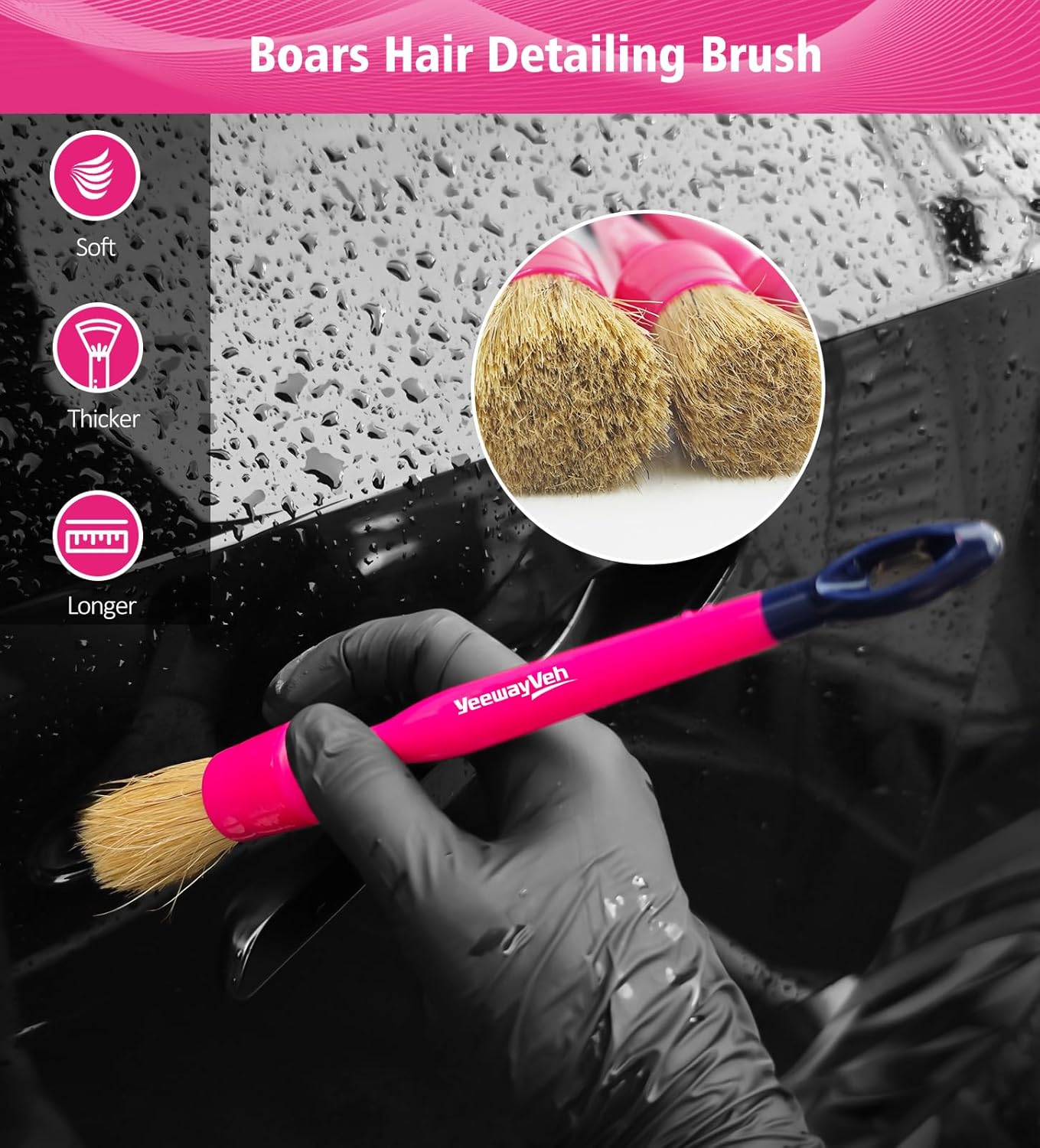 YeewayVeh Car Detailing Brush Set, 3 Pack Ultra Soft Boars Hair Detailing Brushes for Leather Seat Air Vents Engine Bay, Auto Detail Brushes Car Detailing for Interior Exterior, Indigo