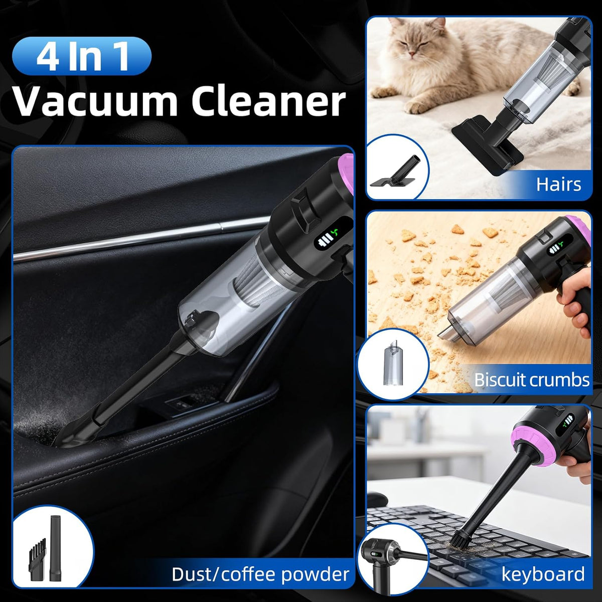 Sycoodeal Handheld Car Vacuum Cleaner, 25000PA Strong Cyclonic Suction Portable Mini Vacuum Cordless with Digital Display Lightweight Handheld for Pet Hair, Car, Home, Office, Kitchen(Silver)
