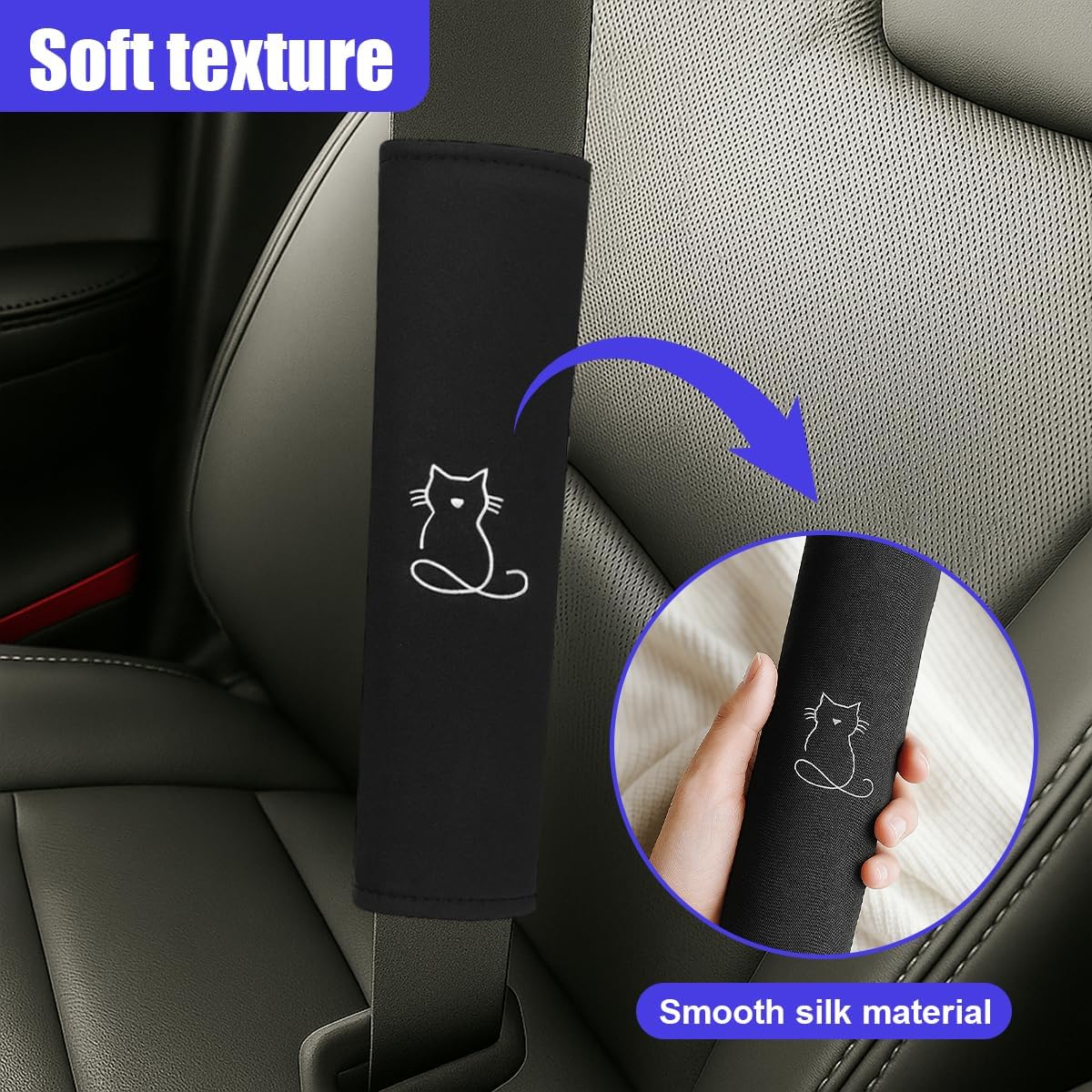2PCS Car Seat Belt Covers, Breathable Soft Seat Strap Cushion Pad for Neck Shoulder Protection, Universal Safety Vehicle Interior Harness Pad Accessories for Cars, SUVs, Trucks (Cat)
