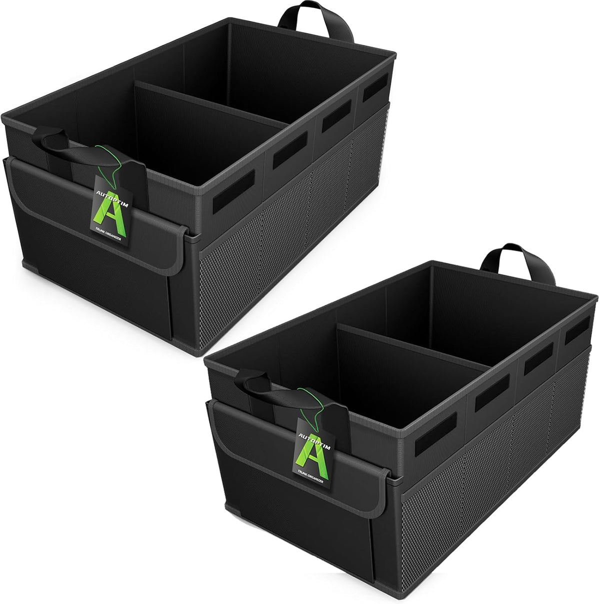AUTOPTIM Car Trunk Organizer - Collapsible Car Organizer with Non Slip Bottom & Multiple Pockets for Groceries, Trunk Storage with Base Panel for SUV Sedan Van, 2 Compartments (Black, Small)