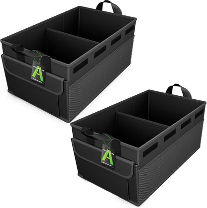 AUTOPTIM Car Trunk Organizer - Collapsible Car Organizer with Non Slip Bottom & Multiple Pockets for Groceries, Trunk Storage with Base Panel for SUV Sedan Van, 2 Compartments (Black, Small)