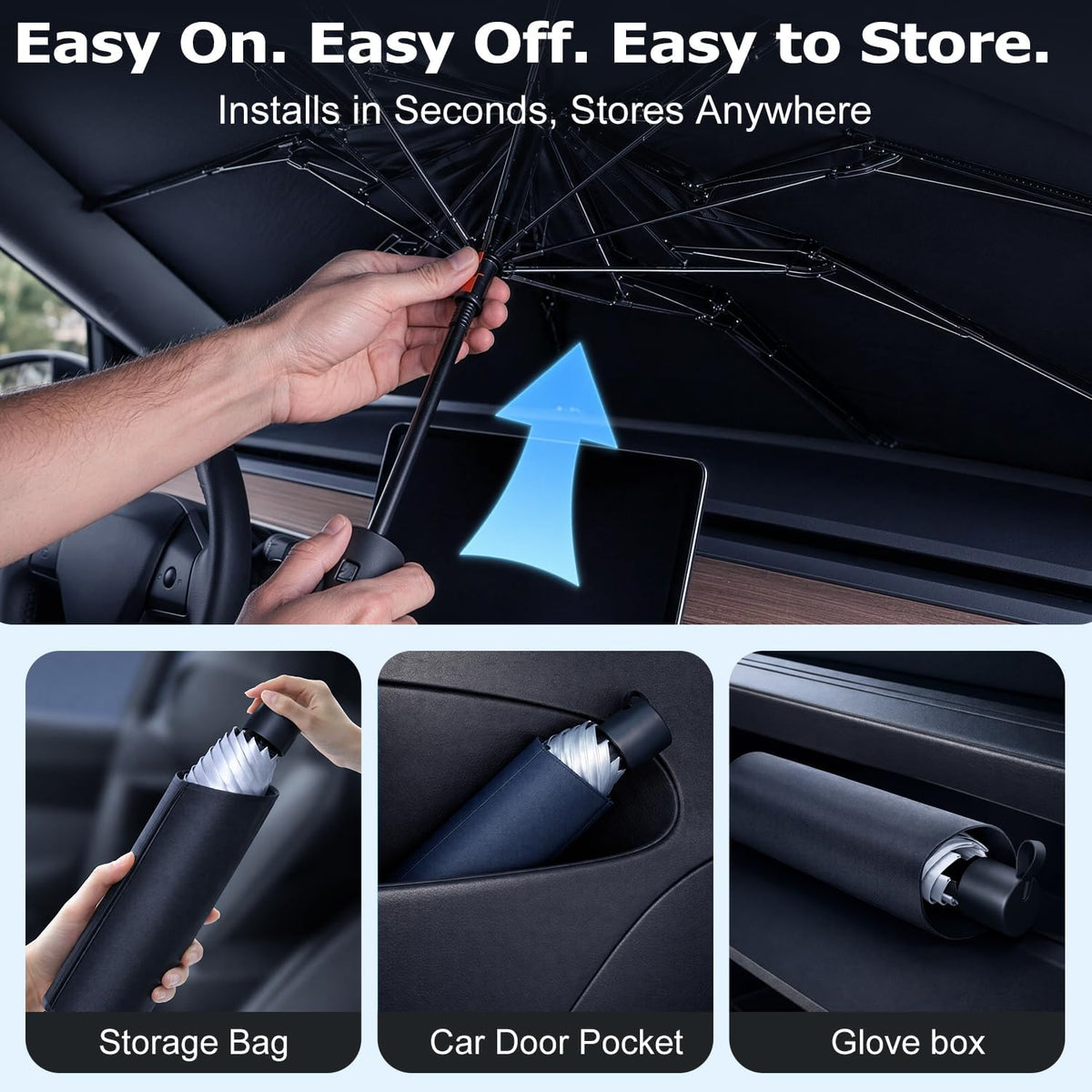 2026 Upgraded DooGooCoo Windshield Sun Shade Umbrella for Car, Reinforced Frame, UV Block Heat Shield, Keeps Interior Cooler, Foldable Front Windshield Cover, Medium 57" x 32"