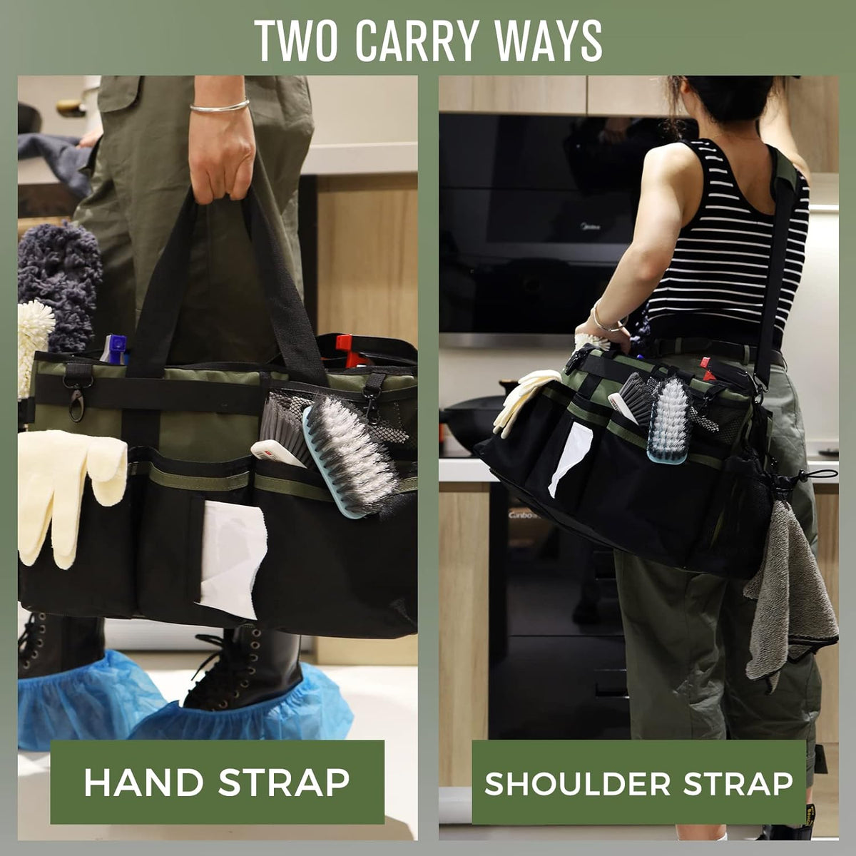 SCAVATA Wearable Cleaning Caddy Organizer with Handle & Shoulder Straps for Housekeepers, Under Sink & Car Cleaning Tool Organizer Bag with 4 Foldable Dividers (Green)