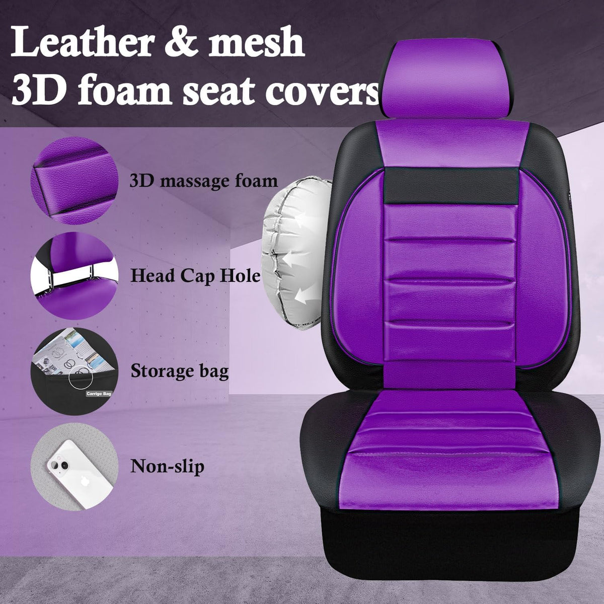 CAR PASS Faux Leather Car Seat Covers Front Seats Only, 3D Foam Support Car Seat Covers, Universal fit for Trucks Vans SUVs Sedans Automotive Comfortable, Airbag Compatible 2 Pieces Front Solid Black
