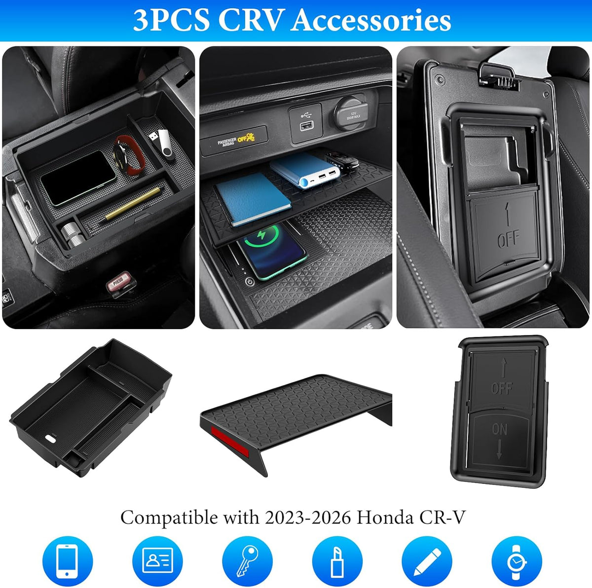 YPHUIKI 3PCS Center Console Organizer Compatible with Honda CRV 2023 2024 2025 2026 Accessories CR-V Hybrid Armrest Organizer Tray Hidden Storage Box ABS Material