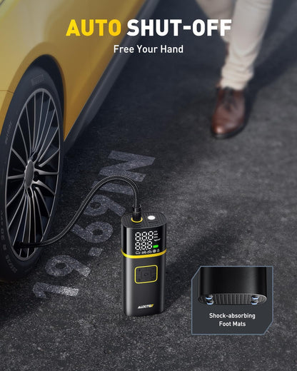 AUXITO Tire Inflator Portable Air Compressor - 150PSI Bike Pump 1Min Fast Inflate with Tire Pressure Gauge, 5200 mAh, LED Light, Car Accessories Air Pump for Auto, Moto, Bike Car Gifts for Men