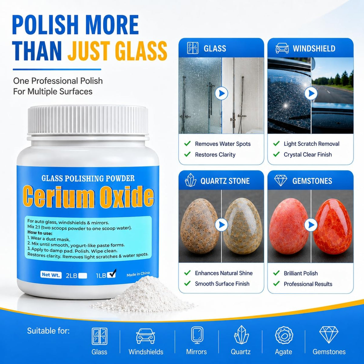 Cerium Oxide Glass Polishing Powder (1 lb) – 99% Pure White 1 Micron Glass Polish Compound for Windshield & Car Window Scratch Repair, Removes Wiper Marks & Water Spots