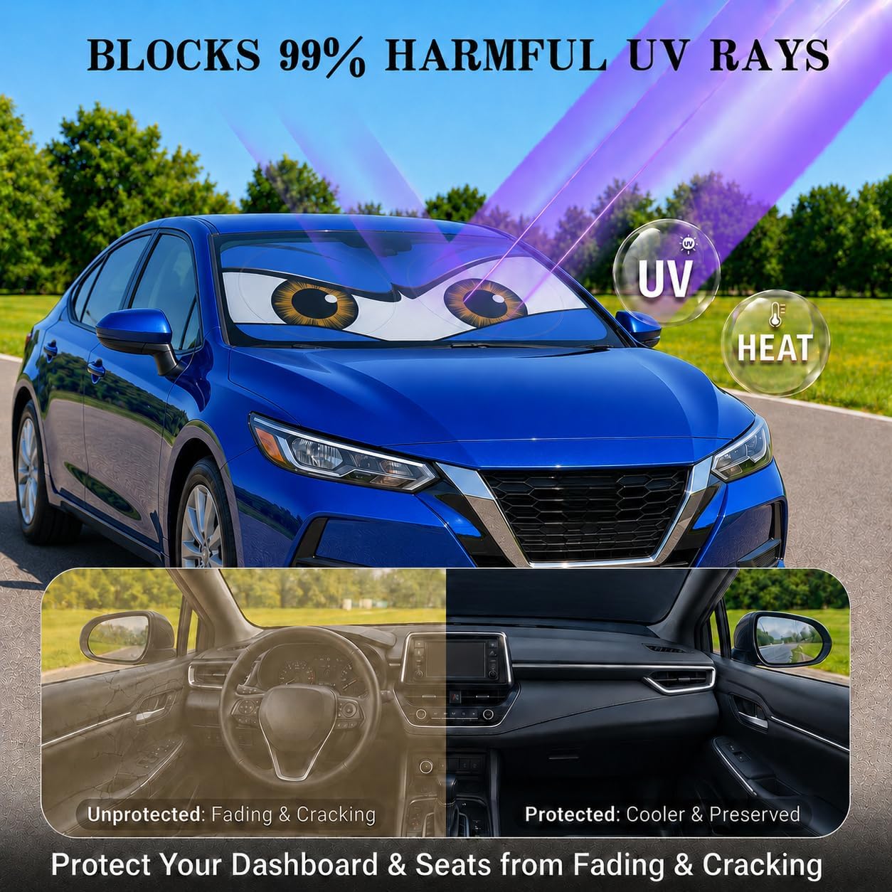 Car Windshield Sun Shade, Funny Cartoon Eyes Sun Visor for Car Windshield Universal Fits Sedan Compact Car Hatchback SUV, UV Heat Protection - 59 x 27.5
