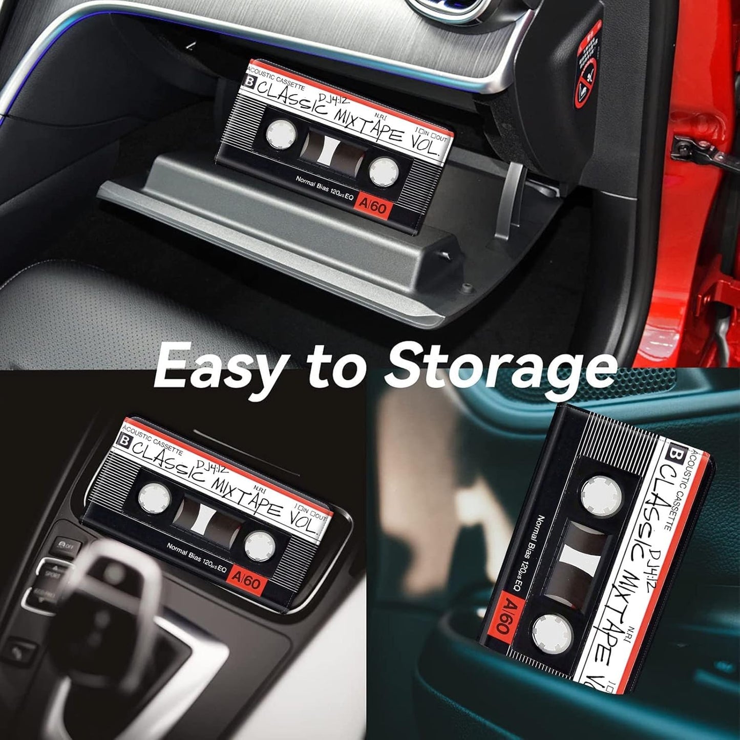 Car Registration and Insurance Holder, Leather Car Glove Box Organizer, Cool Car Accessories for ID, Driver's License Cards & Essential Document, business cards, Men&Women, Retro Audio Cassette
