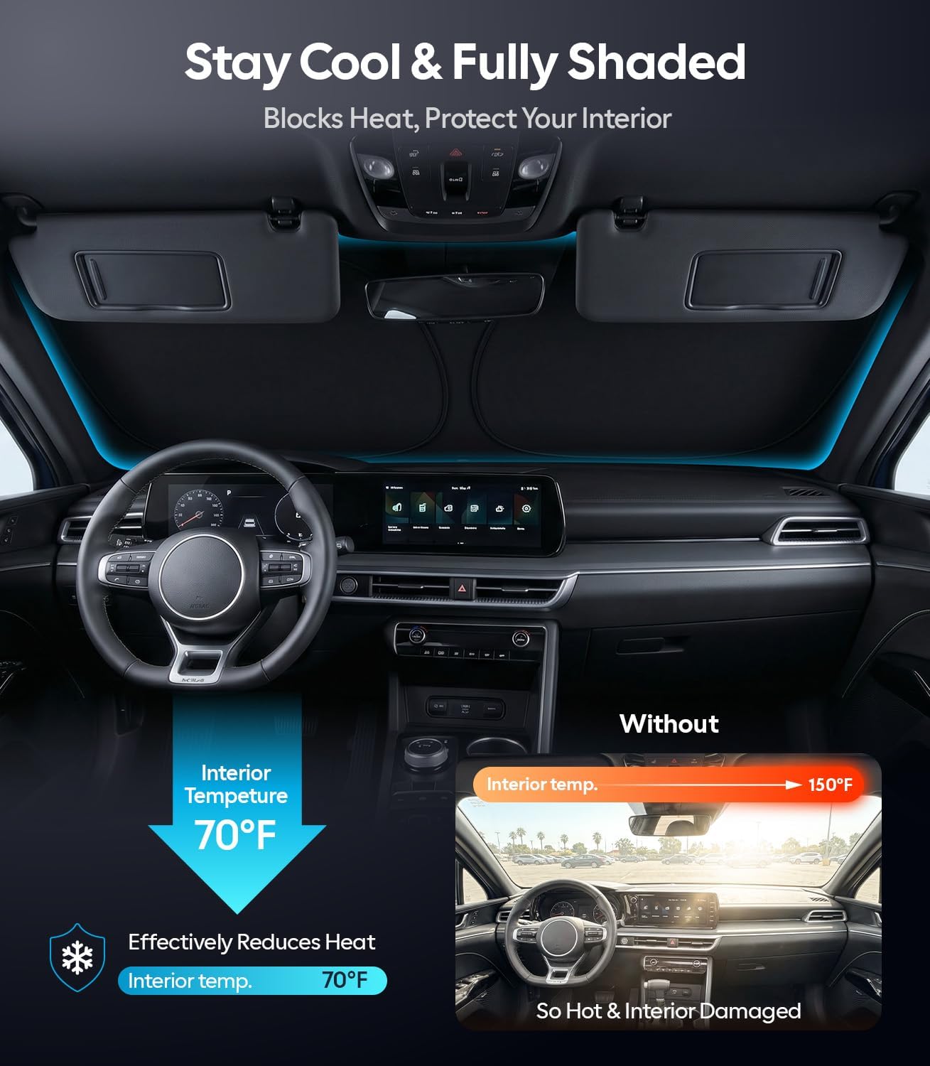 Wigoo Tesla New Model Y Accessories Windshield Sunshade [OEM Design, 100% Sun Blockage] Foldable Heat Insulation Sunshade with Storage Bag, for Model Y 2020~2026 (Juniper), Silver Coating - Colors A