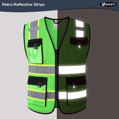 JKSafety Hi Vis Reflective Safety Vests for Men Women High Visibility Vest with Pockets Mesh Fabric Construction Safety Apparel Neon Vest for Work (220-Black L)