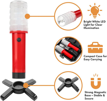 Twinkle Star LED Safety Strobe Road Warning Light, Set of 4 | Emergency Roadside Flares Kit, Highway Beacon Alert Flare, Magnetic Base, Detachable Stand, Solid Storage Case