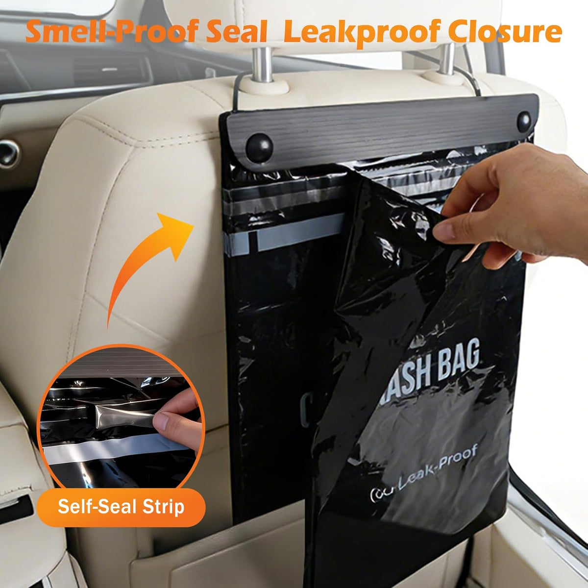 50 Count Recycled Disposable Car Trash Bags - 2.5 Gallon Heavy Duty Alternative to Bulky Car Trash Can & Car Garbage Can, Leakproof Smellproof Hanging & Stick-On Garbage Bag for Car, SUV, Truck
