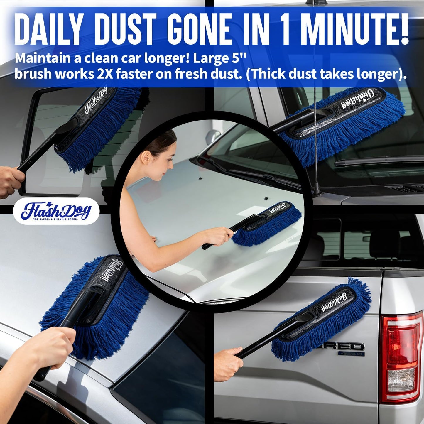 Flash Dog Car Duster Exterior & Interior Duster Aluminum Alloy Extendable Handle and Wax Cotton Strands Scratch-Free Cleaning for Cars, SUVs, RVs | Waterless Dust & Pollen Remover