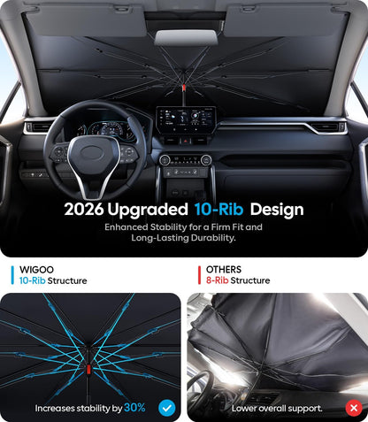 Wigoo Windshield Sun Shade Umbrella for Tesla Model Y [100% Sun Blockage, Ice Cooling Fabric] Foldable Heat Insulation Front Window Sunshade Umbrella for Tesla Model Y 2020–2026 (Juniper)