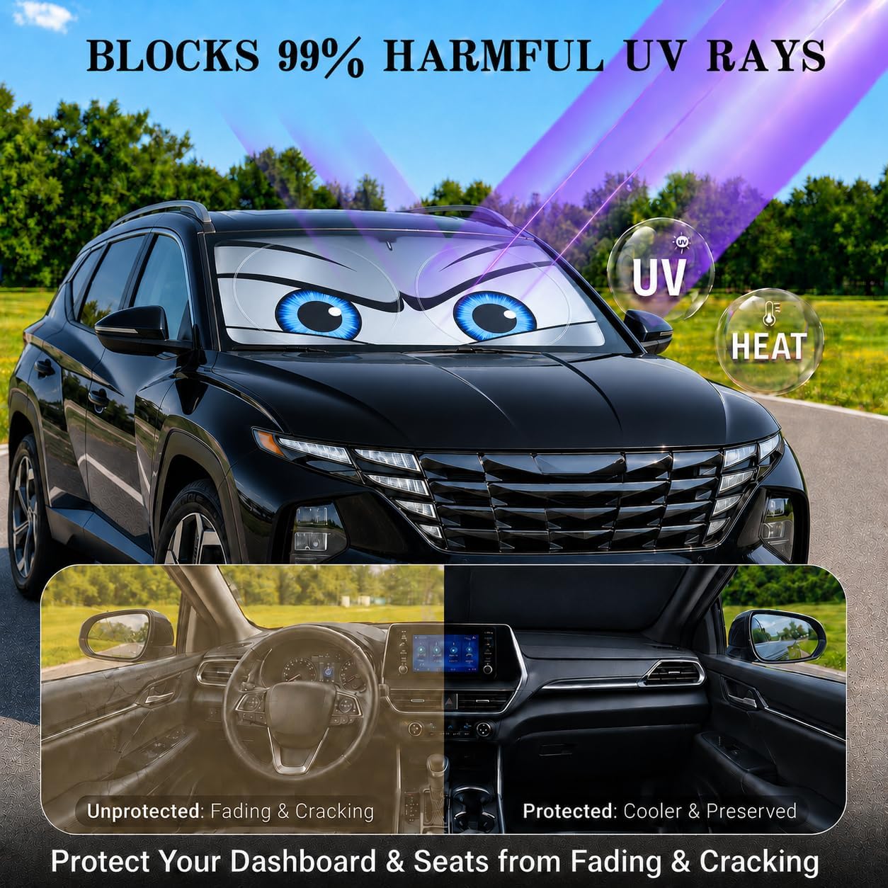Car Windshield Sun Shade, Funny Cartoon Eyes Sun Visor for Car Windshield Universal Fits Sedan Compact Car Hatchback SUV, UV Heat Protection - 59 x 27.5