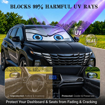 Car Windshield Sun Shade, Funny Cartoon Eyes Sun Visor for Car Windshield Universal Fits Sedan Compact Car Hatchback SUV, UV Heat Protection - 59 x 27.5