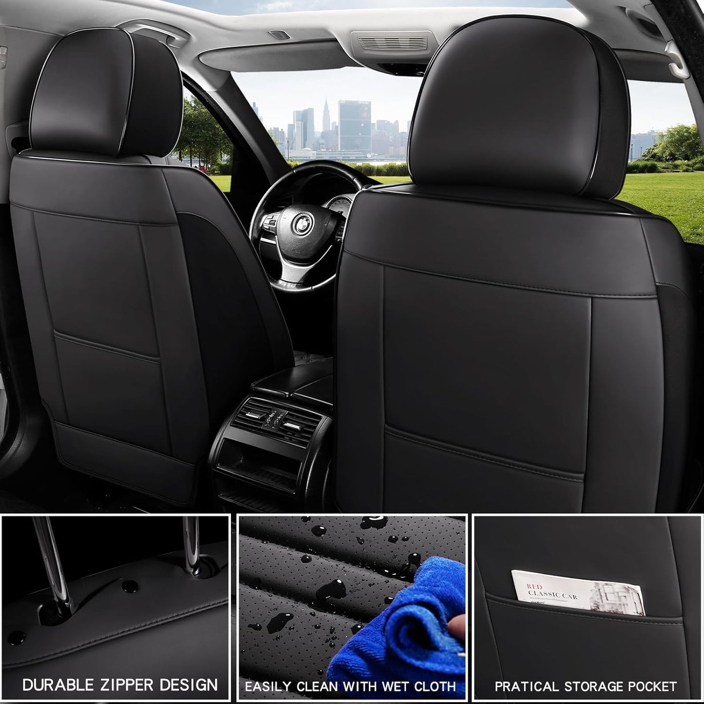 MINGBRON Car Seat Cover Full Set, Leather Car Seat Cover, Waterproof Seat Covers, Car Seat Cushion, Nappa Leather Seat Covers Car Seat Protector Universal Fit Most Cars Black