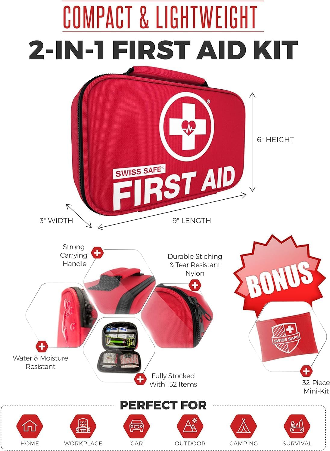 Swiss Safe 2-in-1 First Aid Kit for Car, Travel and Home, 348 Pieces, Large Hardcase with Bonus Mini Kit for Medical Emergency, Survival and Camping