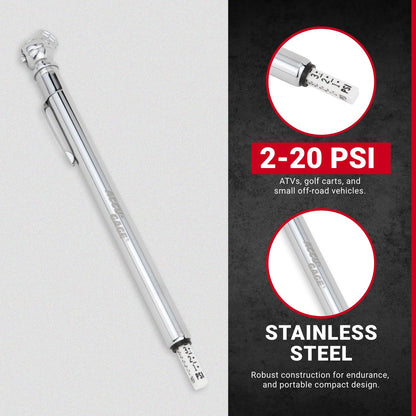 Accu-Gage Pencil Tire Pressure Gauge (2-20 PSI) Heavy Duty Stainless Steel Low Pressure Gauge Single Head Air Chuck wi/Built-in Deflator, 4 Replacement Tire Valve Caps