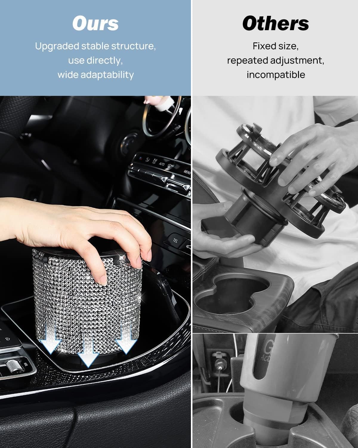 JOYTUTUS Upgraded Car Cup Holder Expander with Offset Base, Fit for YETI, Hydro Flask, Large Cup Holder Expander for Car Hold 18-40 oz Bottles and Mugs, Other Bottles in 3.4"-3.8"(Bling)