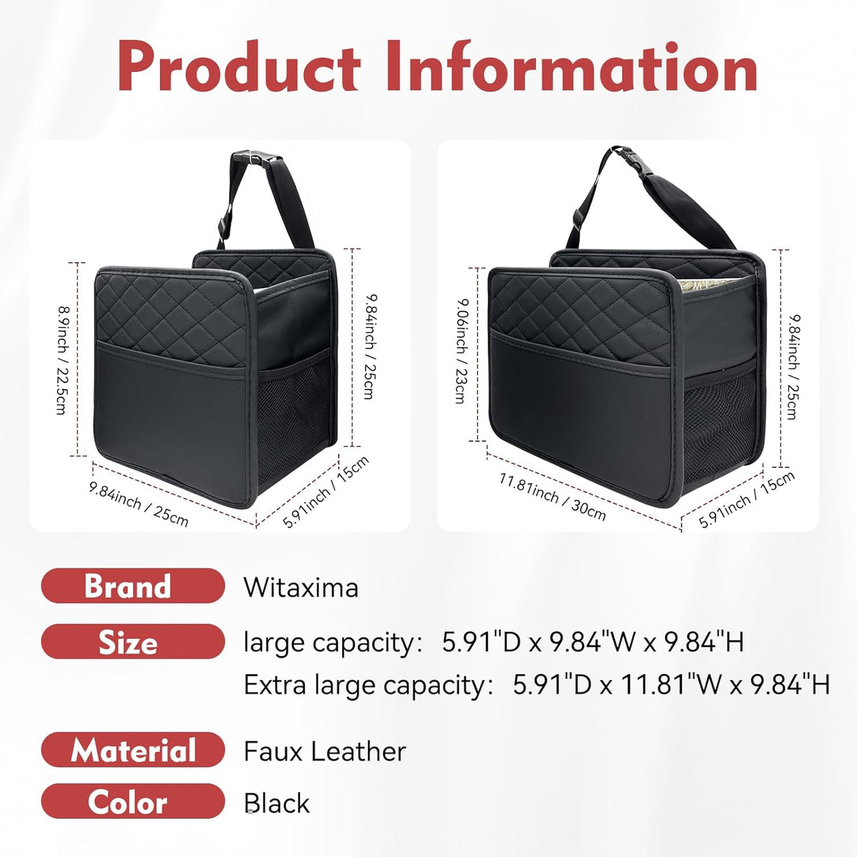 Witaxima Upgrade Car Seat Organizer Backseat with Storage Pockets, Multipurpose Car Organizer Hanging, Car Trash Bag Can,Premium PU Leather Garbage Can 2.14 Gallon Large Capacity, Black.