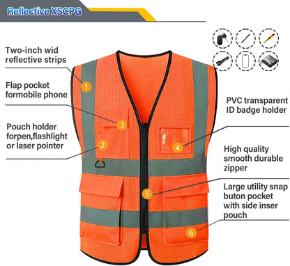 Reflective Mesh Safety Vest, Breathable Hi Vis Vest Construction Work with 5 Pockets and Zipper for Men Women