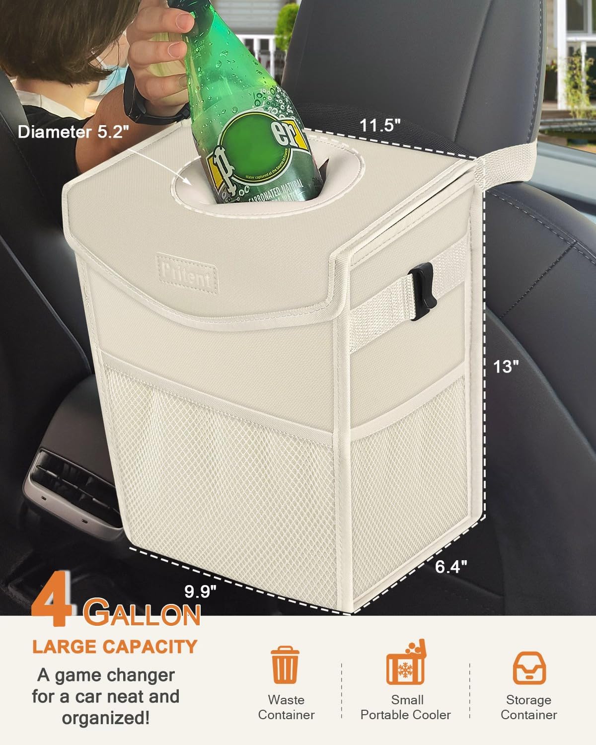Pritent Car Trash Can with Lid, Cute Leakproof Car Trash Garbage Bag Hanging Vehicle Trash Bin Small Portable Automotive Garbage Cans Organizer for Back/Front Seat/Console(Trapezoid,Black)