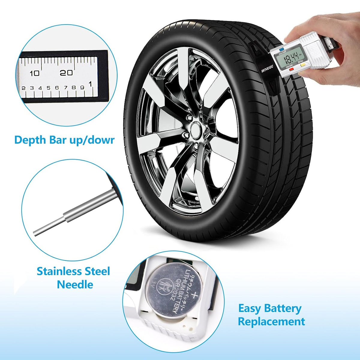 3 Modes Digital Tire Tread Depth Gauge, Tire Depth Gauge with Fractional Inch, Decimal Inch and Millimeter for Motorcycles, Cars, Trucks, Vans, SUV