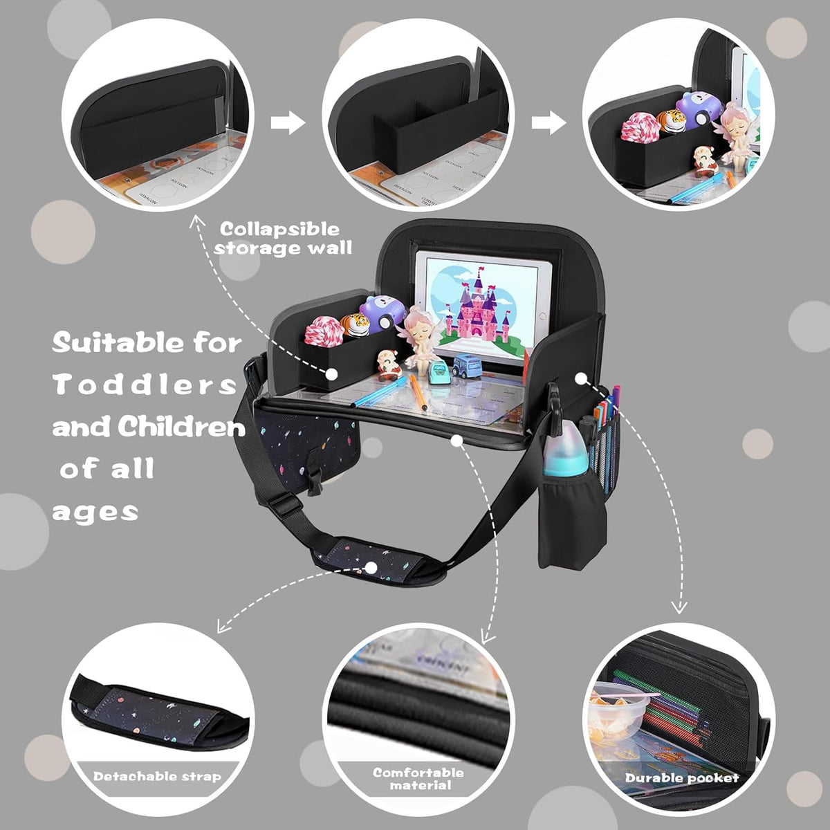 MENZOKE Kids Travel Tray for Toddler Car Seat, Road Trip Activities for Kids with iPad Holder Stand & Dry Erase Board, Road Trip Essentials Accessories Lap Tray as Travel Gifts for Kid, Pink