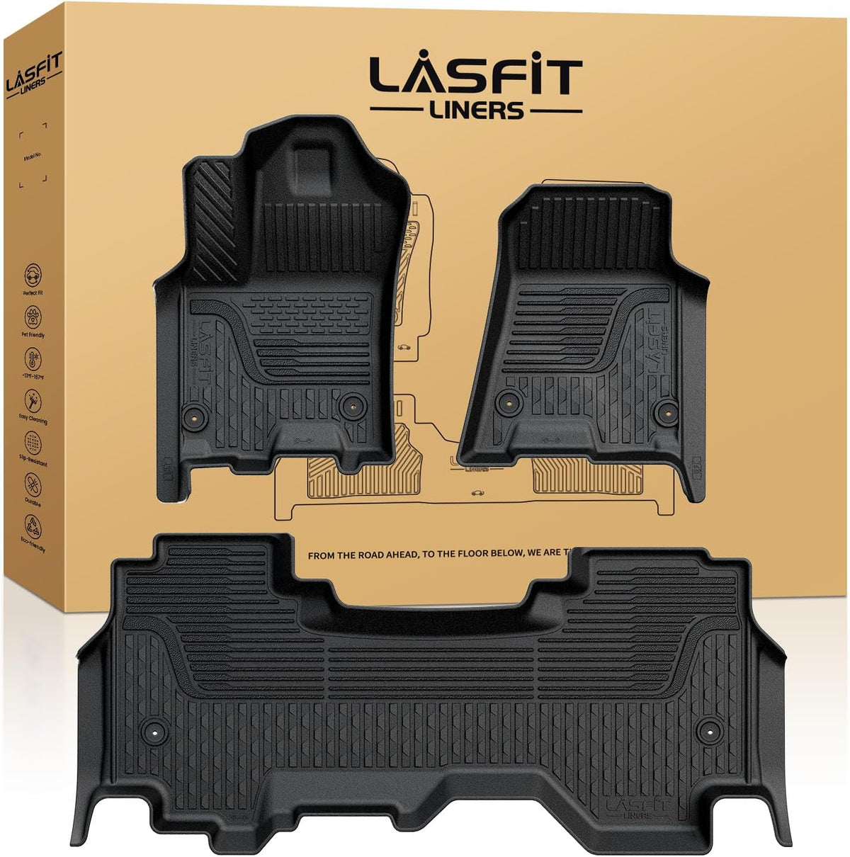 LASFIT Floor Mats for 2019-2025 2026 Ram 2500/3500 Crew Cab Bucket Seat for Carpet & Vinyl Floor (NOT fit Model with PTO Kit), All Weather TPE Custom Fit Car Mats Floor Liners 1st & 2nd Row, Black