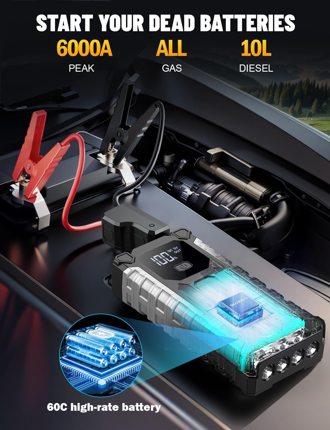 Sharmeal Car Jump Starter 5000A, Jump Starter Battery Pack for 10.0L Gas and 9.0L Diesel, 12V Portable Jump Box with LED Light