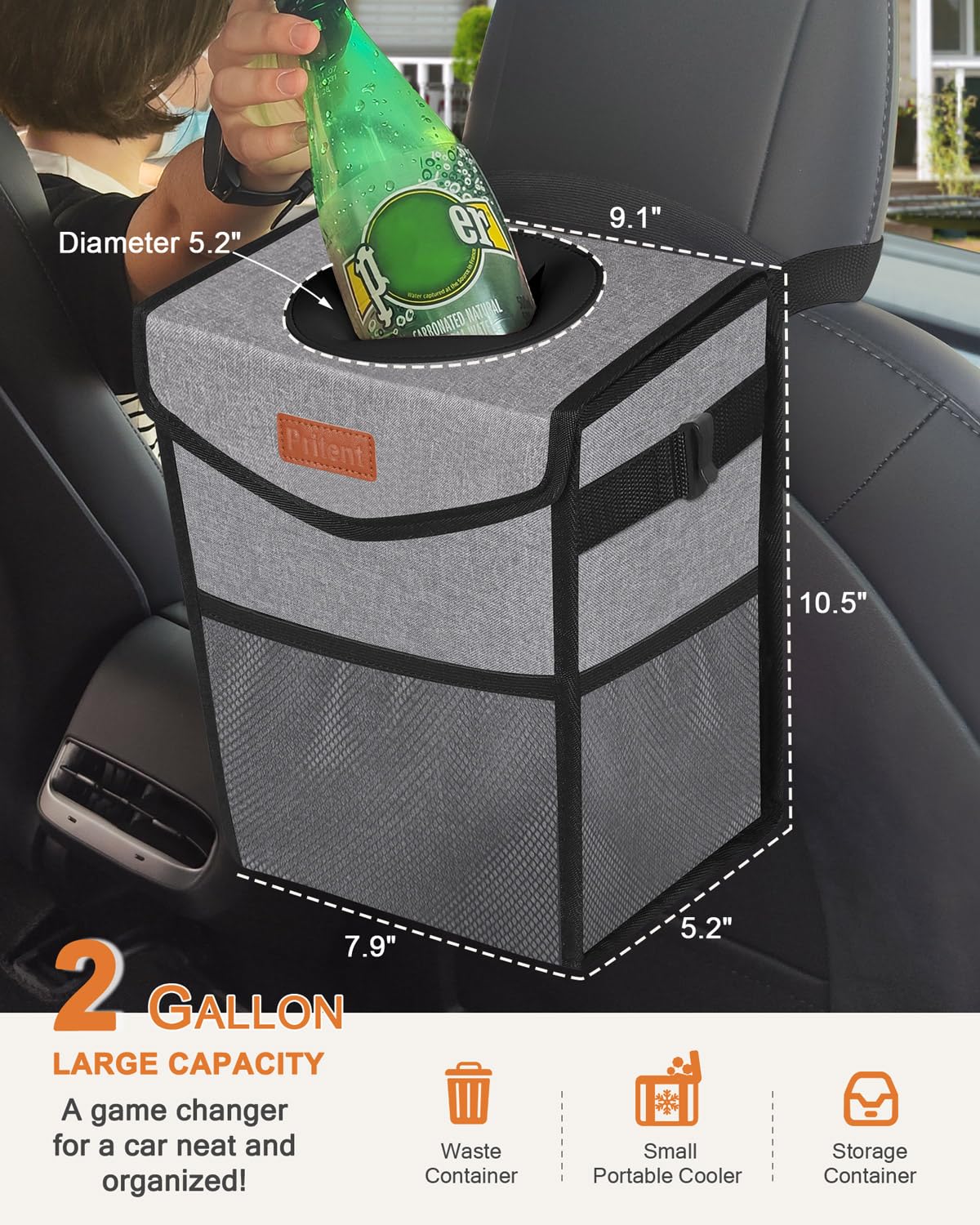 Pritent Car Trash Can with Lid, Cute Leakproof Car Trash Garbage Bag Hanging Vehicle Trash Bin Small Portable Automotive Garbage Cans Organizer for Back/Front Seat/Console(Trapezoid,Black)