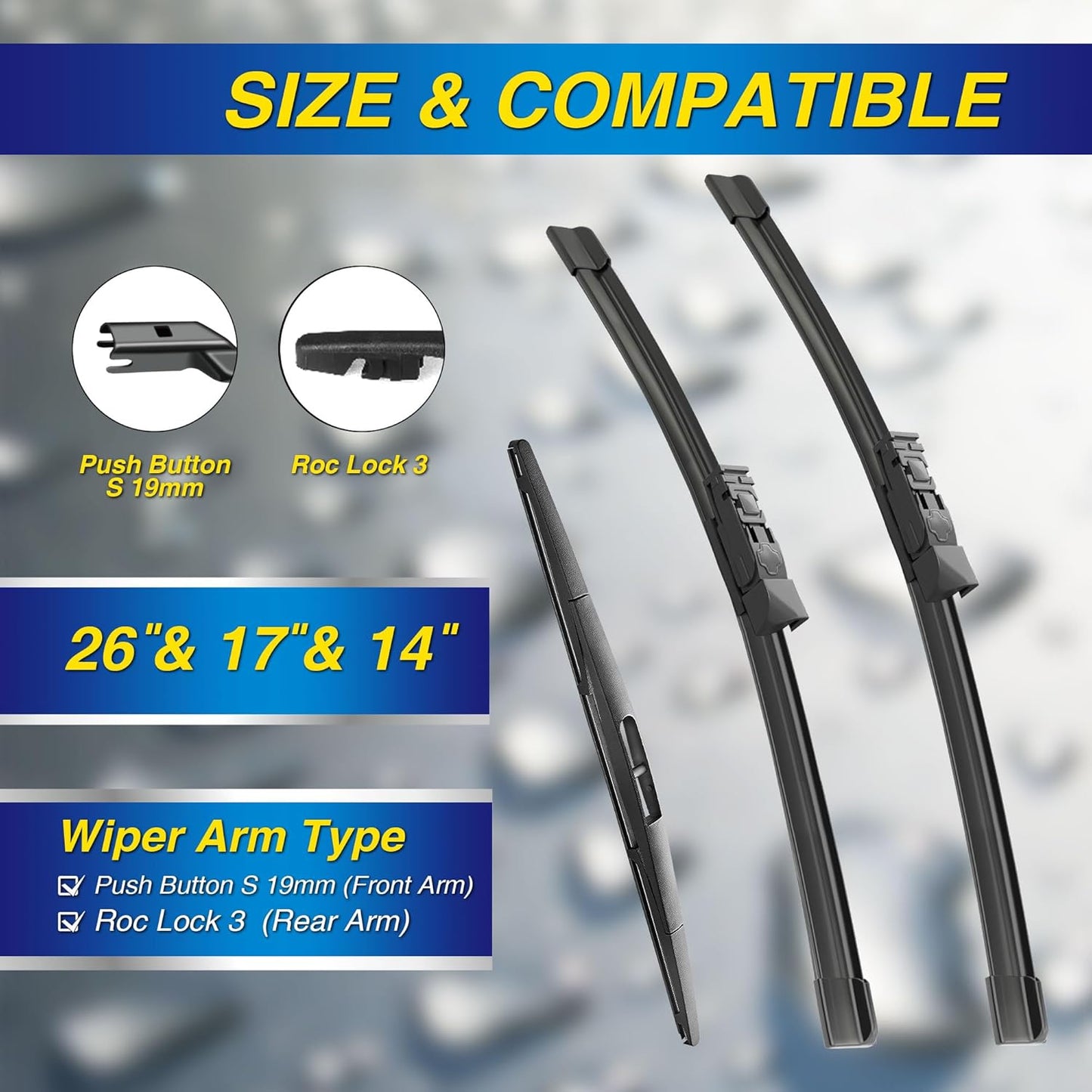 5 PLUS® Silicone Windshield Wipers Replacement for 2019-2024 Toyota RAV4/ 2006-2015 Mazda 5 Wiper Blades(Set of 3), Windshield Wiper Blades For My Car-26"/16"/12" - Colors A