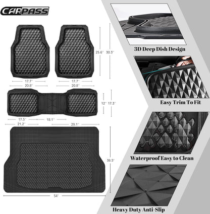 CAR PASS Heavy Duty Rubber Car Mats, Deep Dish All-Weather Floor Mat for Car Full Set Durable Anti-Slip 3D Rhombus Waterproof Trim to Fit Liner Universal Fit Automotive,Sedan,SUV,Truck, 3 Piece Black