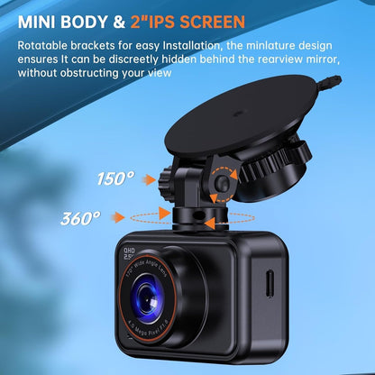 E-YEEGER Dash Cam Front and Rear, 2.5K Dual Dash Camera for Cars, 2560P Mini Car Camera, 2 inch IPS Screen, WDR Night Vision, 24 Hours Parking Monitor, G-Sensor, Support 256 GB Max
