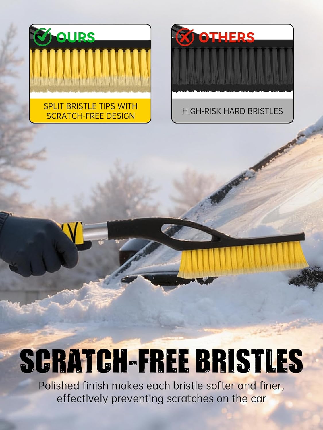 MIKKUPPA 27'' Snow Brush and Ice Scrapers for Car Windshield - Detachable Windshield Scraper, Snow Removal Tool with Curved Connector & Ergonomic Foam Grip for Cars, Trucks, SUVs (Yellow)