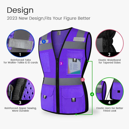 Reflective Vest for Women, Mesh Womens Safety Vest with 11 Pockets and Zipper, Hi Vis Neon Construction Work Vest for Lady Surveyors/Workers, Snugly-Fitted, ANSI Compliant (U-Yellow, S)