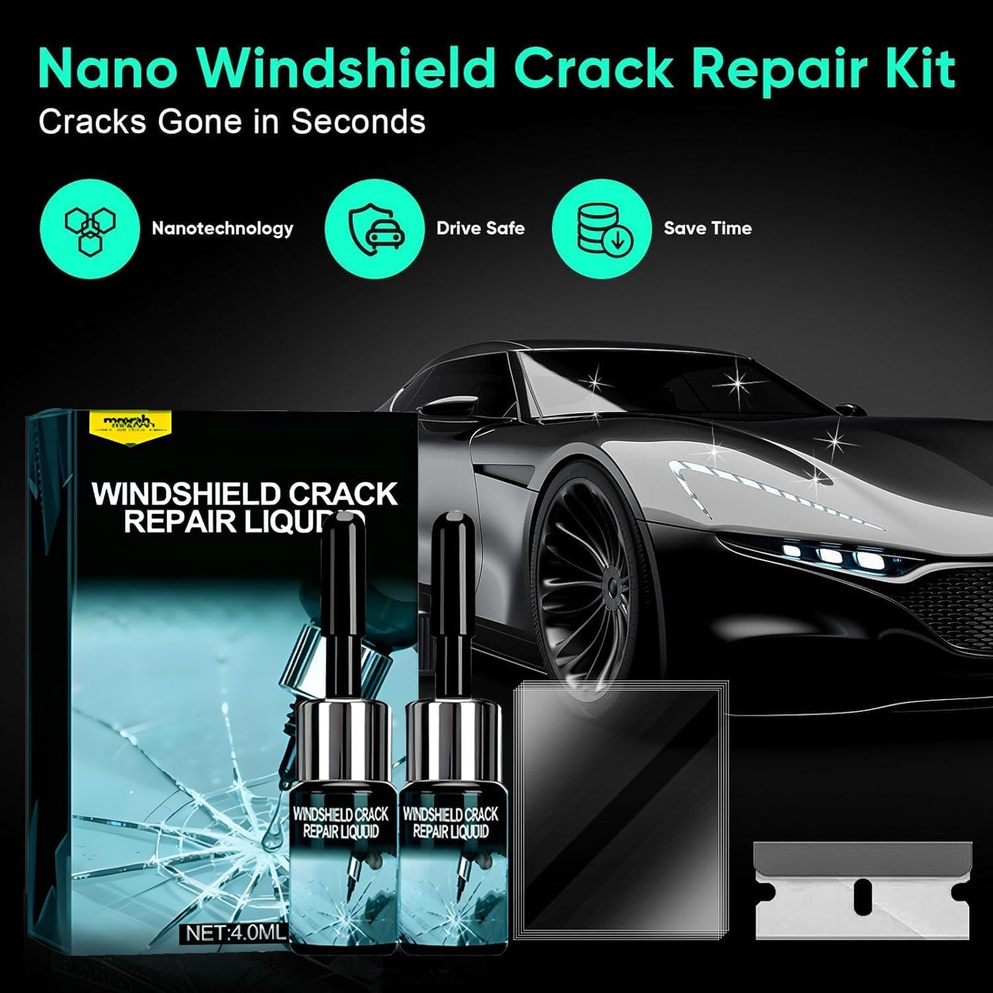 Windshield Crack Repair Liquid Kit - Car Glass Repair Fluid for Chips, Cracks and Star-Shaped Damages (2 Pack)