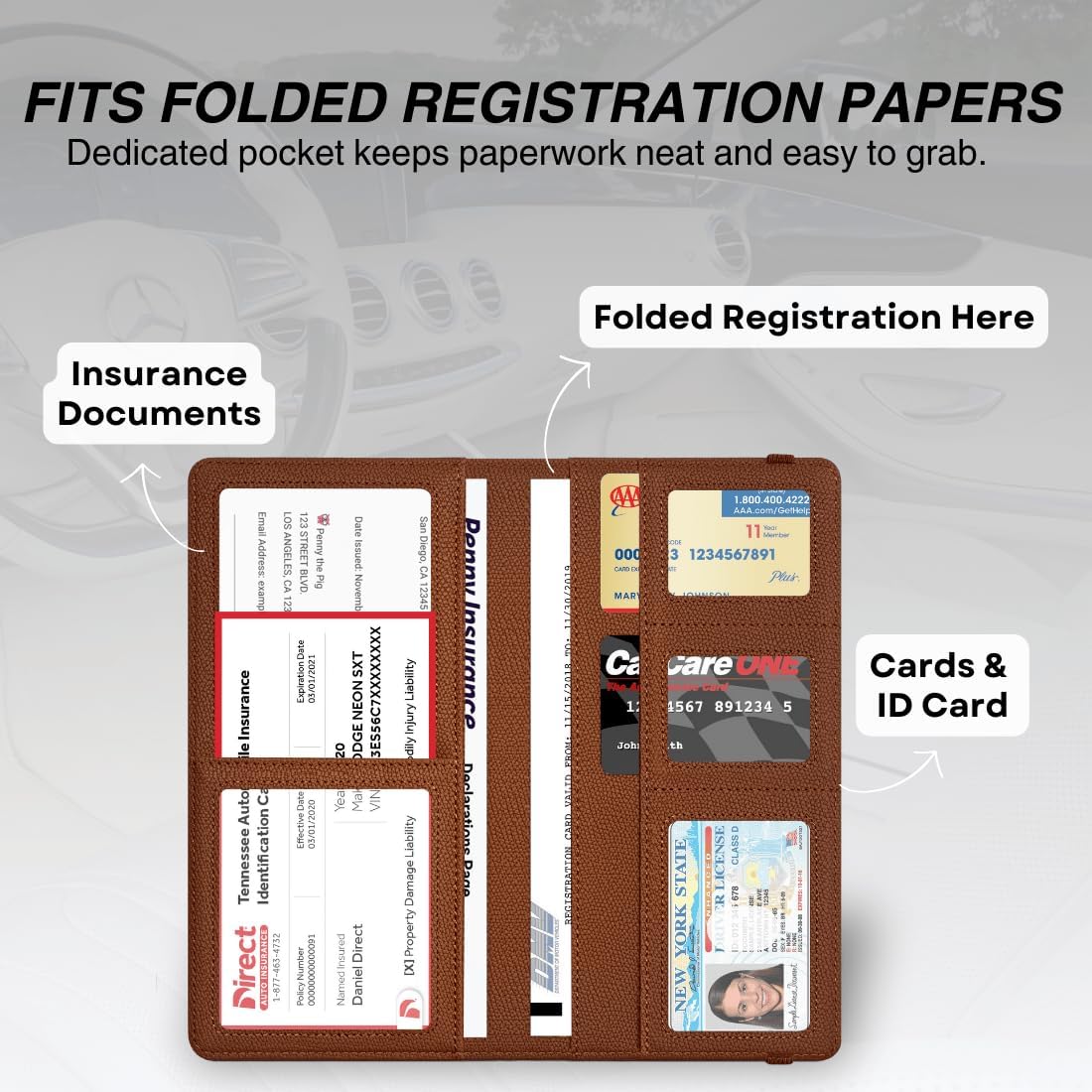 LINTRU Car Insurance and Registration Card Holder, Fits Folded Registration Papers, Double-Stitched Rigid Backing, Secure Elastic Closure, Vehicle Document Organizer, Car Accessories for Men & Women