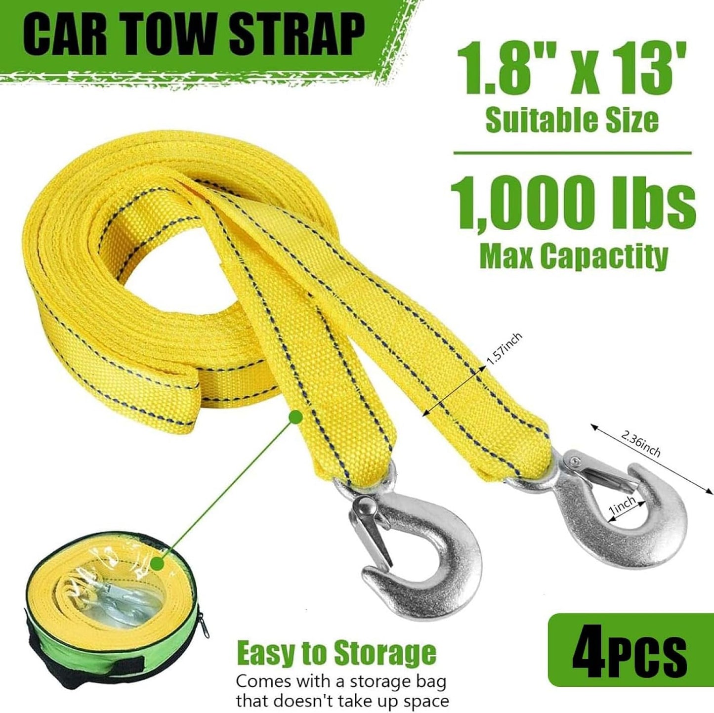Tow Strap with Hooks Heavy Duty Car Vehicle Emergency Recovery Rope Boat Trailer Winch Strap 13'x1.8 Max 10,000lbs Capacity for Towing Vehicles Jet Ski ATV Pontoon Wave Runner Accessories