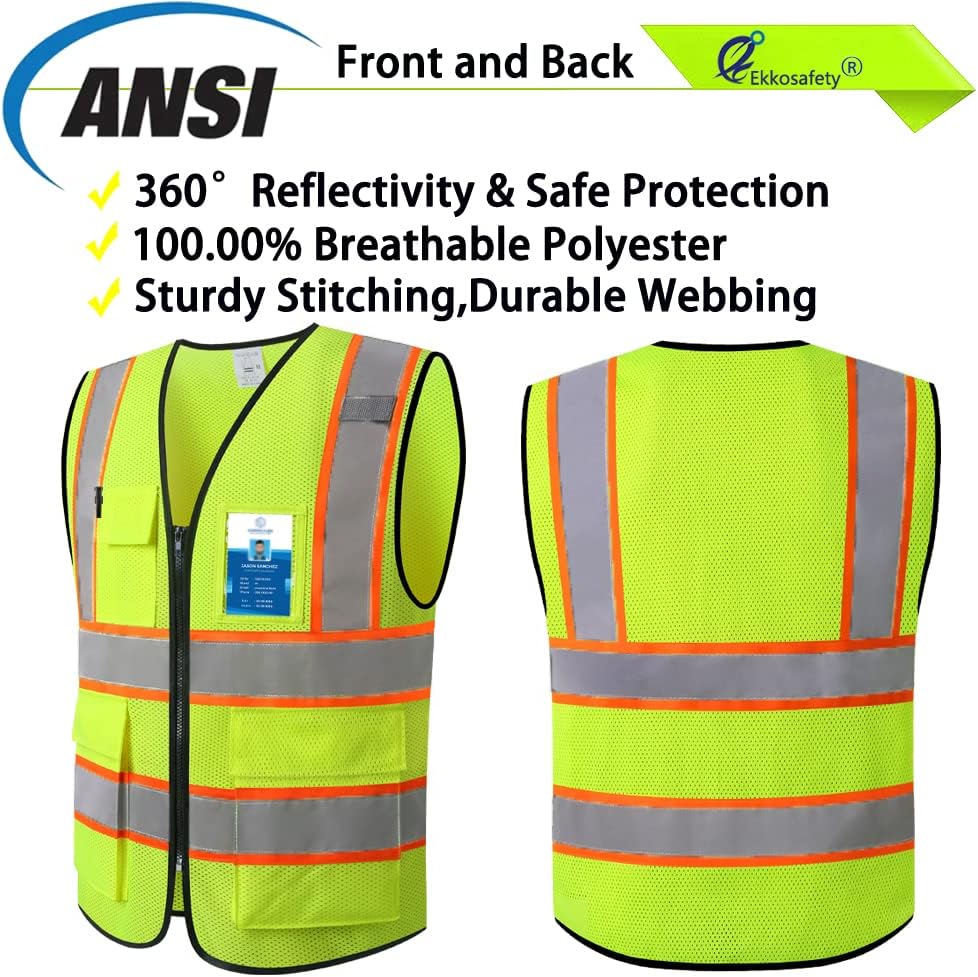 Reflective Mesh Safety Vest for Men Women with 5 Pockets and Zipper Front High Visibility Mesh Vest Hi Vis Construction Work Vest,Meets ANSI/ISEA Standards(EK175-Yellow-L)