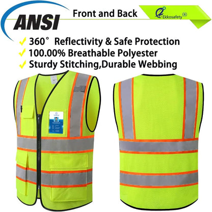 Reflective Mesh Safety Vest for Men Women with 5 Pockets and Zipper Front High Visibility Mesh Vest Hi Vis Construction Work Vest,Meets ANSI/ISEA Standards(EK175-Yellow-L)